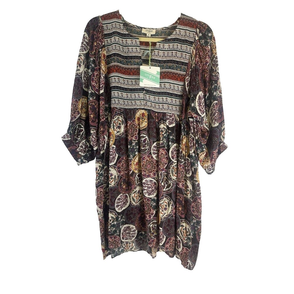 Umgee Floral Baby Doll Tunic‎ Blouse Peasant Sleeve Multicolored Boho NWT Medium